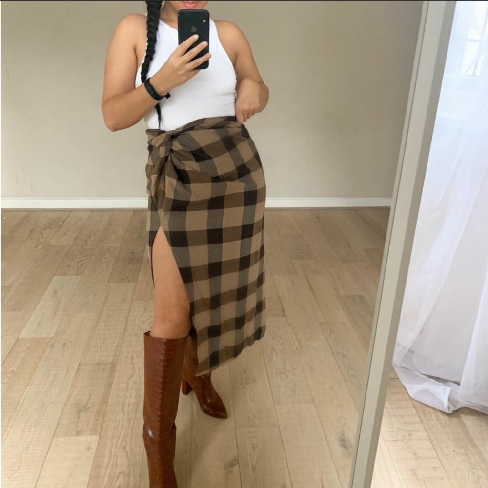 Zara Plaid Wrap Skirt Thigh Split Black Tan Check